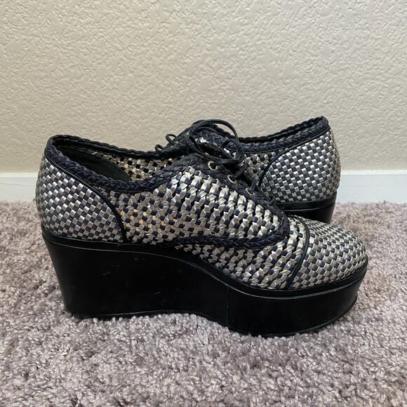 SCHUTZ Black and Silver Woven Lace Up Wedge Platform Sandals Size 6 - Picture 16 of 16
